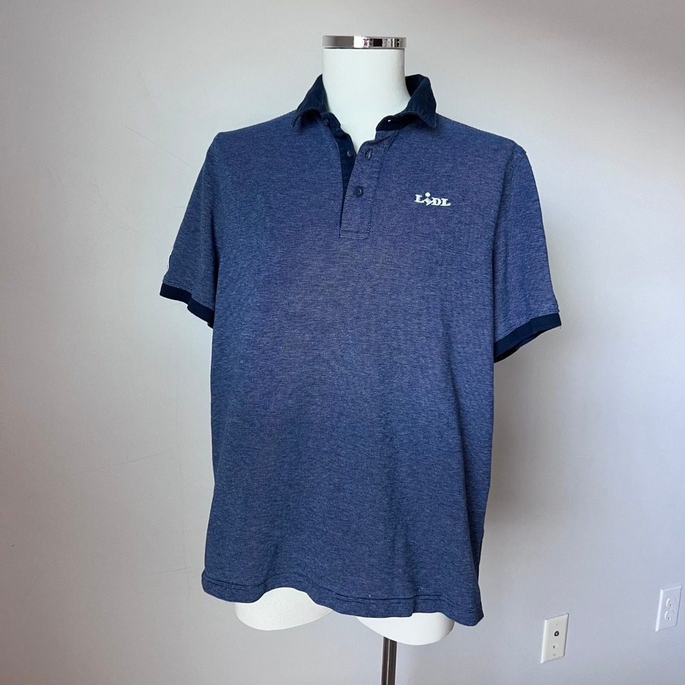 Lidl Mens Short Sleeve Polo Shirt Organic Cotton Blue Logo Spell‎ Out Top Sz XL